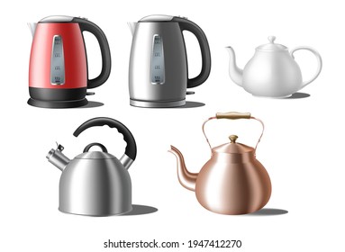 Kettles set. Modern and classic teapots: electric teakettles and tea pots for gas stove realistic isolated on white background, Kitchen appliances for hot beverages preparation. Vector illustration