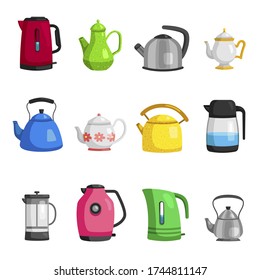Kettles, teapots, jugs, pitchers, carafe flat set. Teakettles classic porcelain, stainless steel stovetop and modern electric whistling models. Vector home kettles isolated on white background.