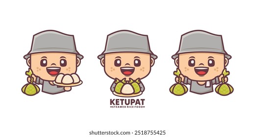 Ketupat cartoon mascot. Indonesian traditional food. vector illustration in outline style.