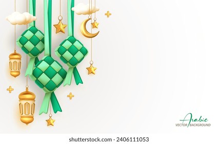 Ketupat, Crescent und Lattern als islamischer Dekorhintergrund für Rmadan Mubarak, eid al fitr mit Textbereich im Kopienraum, 3D Vektorgrafik