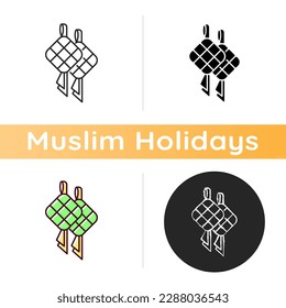 Ketupat icon. Rice cake packed inside diamond-shaped container of woven palm leaf pouch. Traditional religious foods. Linear black and RGB color styles. Isolated vector illustrations