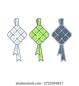 Ilustración de Ketupat con tres estilos diferentes. El ketupat es una comida tradicional indonesia que es idéntica a las celebraciones del Eid al-Fitr. Tema del Ramadán. Ilustración vectorial.