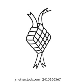 Ketupat lebaran rice slightly side view icon vector illustration outline isolated on square white background. Simple flat black and white monochrome minimalist cartoon art styled drawing.