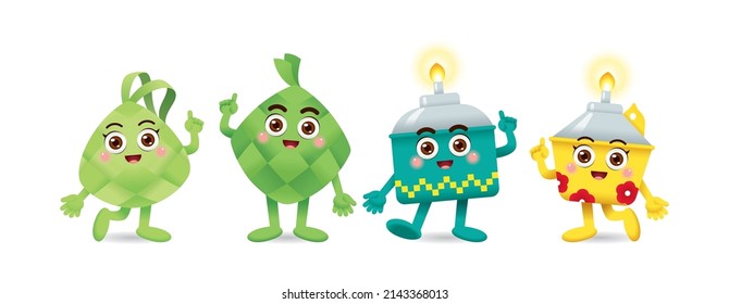 Ketupat and oil lamp in cute cartoon character celebrated Hari Raya festival