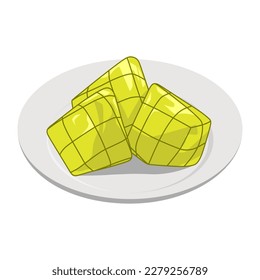 ketupat on a plate vector illustration, Ketupat asian traditional rice dumplings, isolated on white