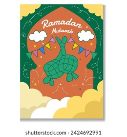 Ketupat Ramadan with Flat Design of Ramadan and Eid Al Fitr Greeting Card