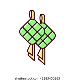 Ketupat RGB color icon. Rice cake packed inside diamond-shaped container of woven palm leaf pouch. Traditional religious foods. Isolated vector illustration