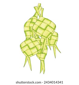 ketupat or rice cake boiled in a rhombus-shaped packet of plaited young coconut leaves 