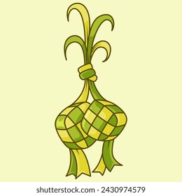 Ketupat rice dumpling asian traditional food illustration in vector hand drawn style for Eid Al-Fitr