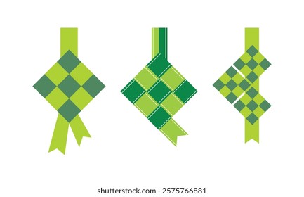 Ketupat rice dumpling asian traditional food illustration in 2d vector for Eid Al-Fitr. Traditional fasting after Ramadan. Rice dish wrapped in woven boxes made of green palm leaves.