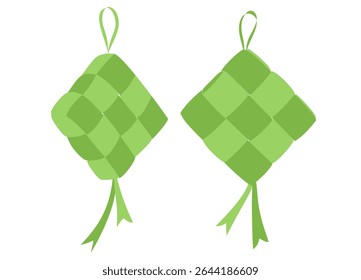 O ketupat ou bolinho de arroz é uma iguaria local durante a estação festiva. Ketupats, arroz para cozinhar envolto com folhas de coco jovens.