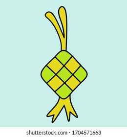 Ketupat (Rice Dumplings) flat line art illustration. Ketupat is a dumpling made from rice packed inside a diamond shaped container of woven palm leaf pouch during eid Mubarak, Eid Al Fitr - Vector