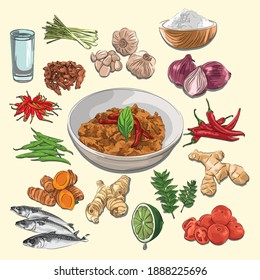Keu Mamah Traditional Food From Aceh And Ingredients Illustration, Sketch And Vector Style, Good to use for restaurant menu, Indonesian food recipe book, and food content.