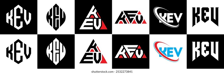 KEV letter logo design in six style. KEV polygon, circle, triangle, hexagon, flat and simple style with black and white color variation letter logo set in one artboard. KEV minimalist and classic logo