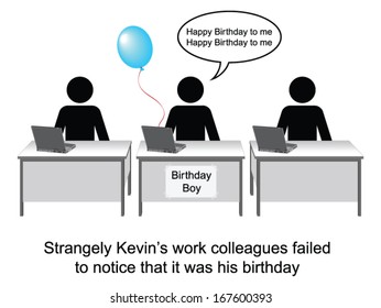 Kevin celebrated his birthday at work cartoon isolated on white background 