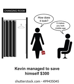 Kevin saved himself $300 whilst clothes shopping with the wife cartoon isolated on white background 