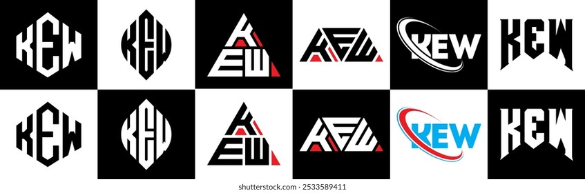 KEW letter logo design in six style. KEW polygon, circle, triangle, hexagon, flat and simple style with black and white color variation letter logo set in one artboard. KEW minimalist and classic logo