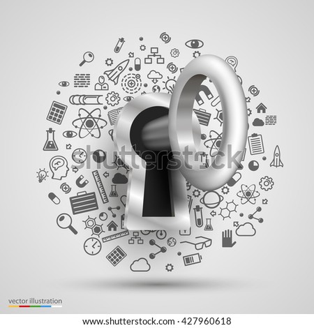 Key 3d lock protection technology many icons, Vector illustration
