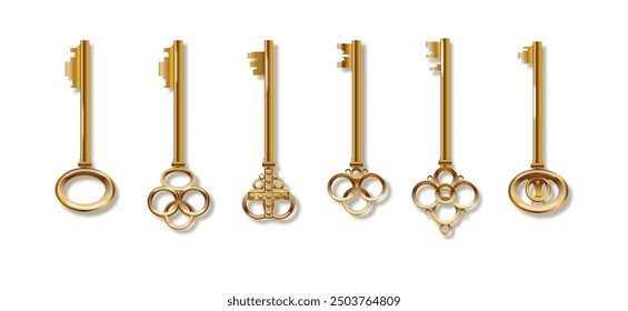 Key 3d realistic golden old vintage. Old luxury escape room keys. Vector