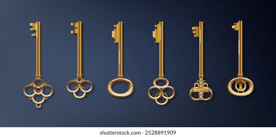 Key 3d realistic golden old vintage. Old luxury escape room keys. Vector
