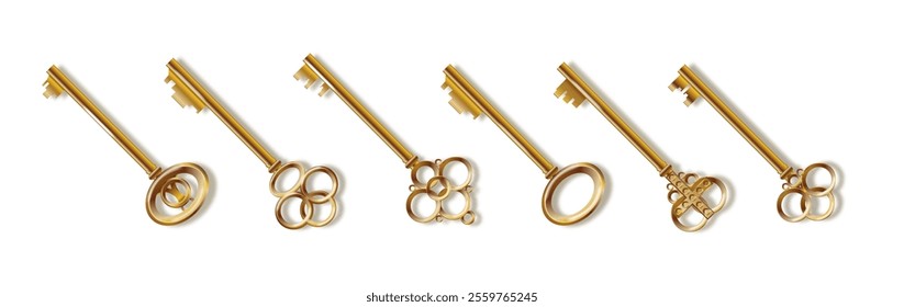 Key 3d realistic golden old vintage. Old luxury escape room keys. Vector