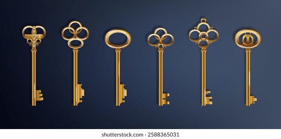 Key 3d realistic golden old vintage. Old luxury escape room keys. Vector