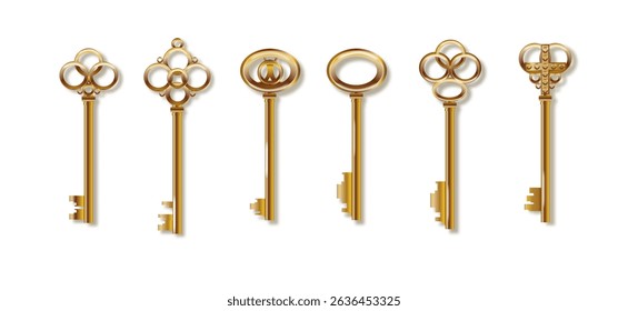 Chave 3d realista dourado velho vintage. Antigas chaves de quarto de fuga de luxo. Vetor