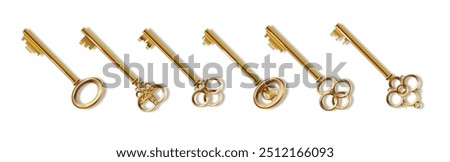 Key 3d realistic golden old vintage. Old luxury escape room keys. Vector