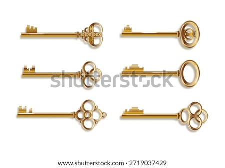 Key 3d realistic golden old vintage. Old luxury escape room keys. Vector