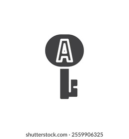 Key with "A" inscribed vector icon. filled flat sign for mobile concept and web design. Answer Key glyph icon. Symbol, logo illustration. Vector graphics