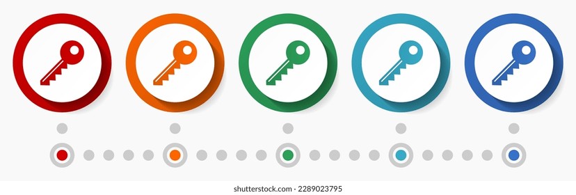 Key, access concept vector icon set, flat design colorful buttons, infographic template in 5 color options