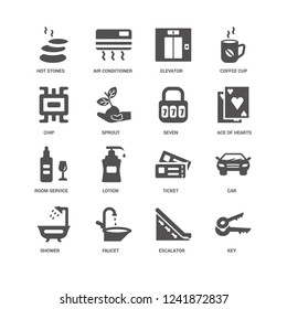 Key, Ace Of Hearts, Seven, Shower, Car, Hot Stones, Chip, Room Service, Escalator, Faucet, Elevator Icon 16 Set EPS 10 Vector Format. Icons Optimized For Both Large And Small Resolutions.