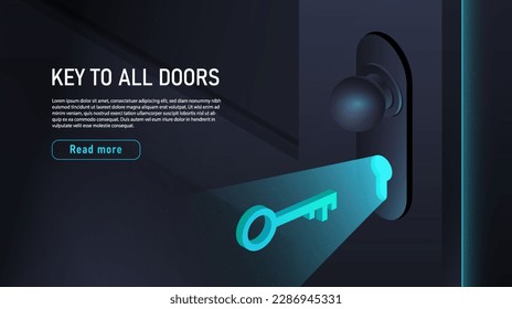 Key to all doors. Metaphor of universal solution and business idea. Innovation and idea, start up. Door light beam. Career, ambition and aspiration. Landing page. Cartoon isometric vector illustration