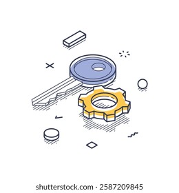 Key alongside a gear, symbolizing internet security. The elements work together to represent protection in the digital realm. Isometric line art vector illustration