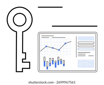 Painel de controle de chaves e análises com gráficos, gráficos e elementos de interface. Ideal para segurança de dados, desempenho de negócios, finanças, tecnologia, marketing digital, planejamento de estratégia e corporativo