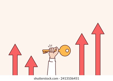 Key to apartment is in hand of realtor or real estate agent, and upward arrows symbolize rise in housing prices. Graph of growth in value of real estate purchased with mortgage or leased