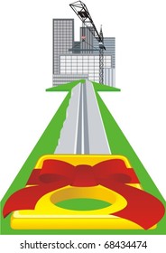The key to the apartment on the background of arrows pointing to the construction of new housing