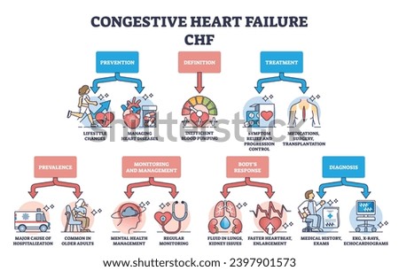 Key aspects of congestive heart failure or CHF explanation outline diagram. Labeled educational scheme with stroke prevention, treatment and diagnostics vector illustration. Cardiovascular disease.