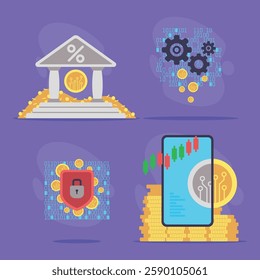 Key aspects of cryptocurrency, including bank with coins, security lock, gears, and smartphone displaying market data, all against colorful background