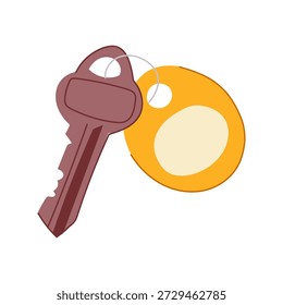 Key attached to a blank customizable keychain tag, symbolizing access, security and personal ownership for homes, rentals, hotels, travel and property management