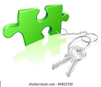 Key attached to jigsaw piece. Concept for solution to a problem