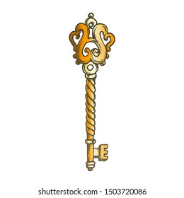 Key Beautiful Ethnic Access Element Ink Vector. Household Mortice Aged Key For Operating Lock. Protection And Safety Template Hand Drawn In Vintage Style Color Illustration