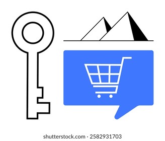 Key beside pyramids and shopping cart in blue speech bubble symbolizing access, history, and e-commerce. Ideal for digital marketing, e-commerce, online shopping, technology, security, historical