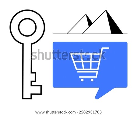 Key beside pyramids and shopping cart in blue speech bubble symbolizing access, history, and e-commerce. Ideal for digital marketing, e-commerce, online shopping, technology, security, historical