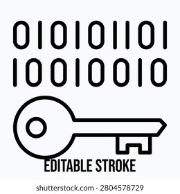 Key Binary Code Encryption Icon, Editable Stroke Icon.
