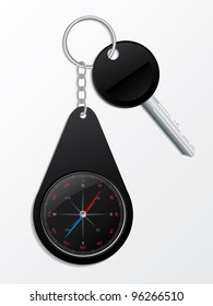 Key with black compass keyholder on metallic chain