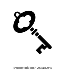 Key black glyph icon. Vintage clef for opening lock. Solving puzzles, clues for riddles. Victorian key. Part of quest. Escape room. Silhouette symbol on white space. Vector isolated illustration