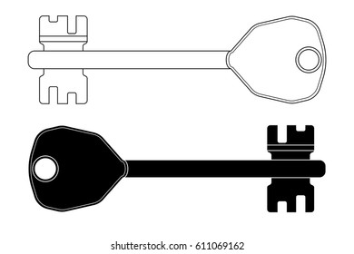 Key. Black and white outline drawing. Vector illustration isolated on white background