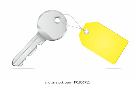 Key with blank price tag isolated on white background. Vector illustration