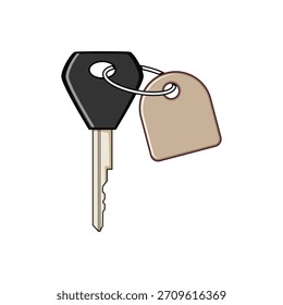 Llave con etiqueta en blanco en un llavero que simboliza el acceso, la propiedad, la seguridad y la oportunidad para la casa, el coche o el alquiler de diseño plano simple sobre fondo blanco, mínimo y versátil